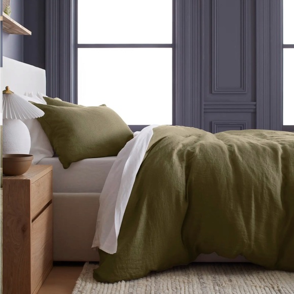 Quince Euro Linen Waffle Duvet Cover Set Queen- Aloe Green washed for softness - Picture 4 of 7